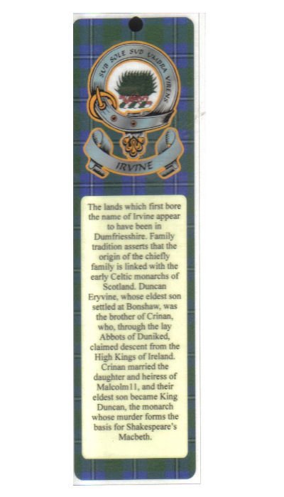 Image 1 of Irvine Clan Badge Clan Irvine Tartan Laminated Bookmark