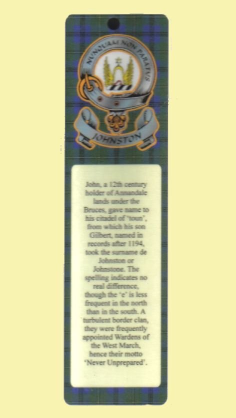 Image 0 of Johnston Clan Badge Clan Johnston Tartan Laminated Bookmark