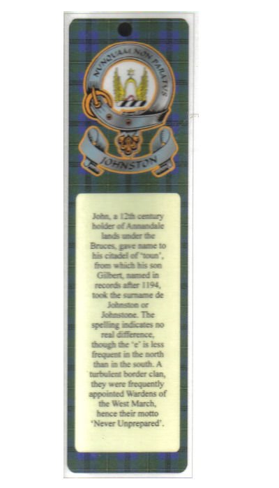 Image 1 of Johnston Clan Badge Clan Johnston Tartan Laminated Bookmark