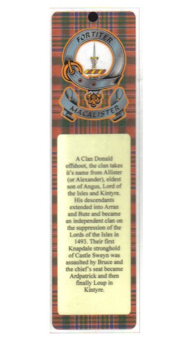 Image 1 of MacAlister Clan Badge Clan MacAlister Tartan Laminated Bookmarks Set of 2