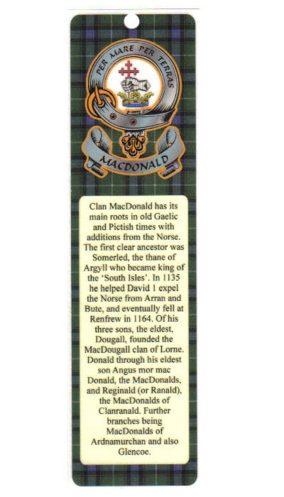 Image 1 of MacDonald Clan Badge Clan MacDonald Tartan Laminated Bookmark
