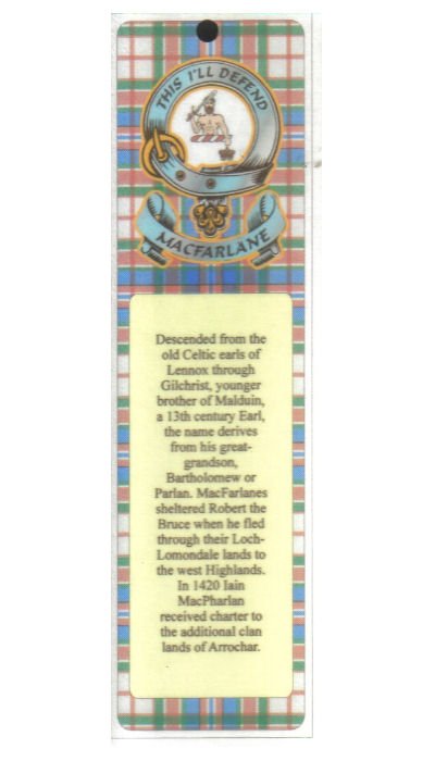 Image 1 of MacFarlane Clan Badge Clan MacFarlane Tartan Laminated Bookmarks Set of 2