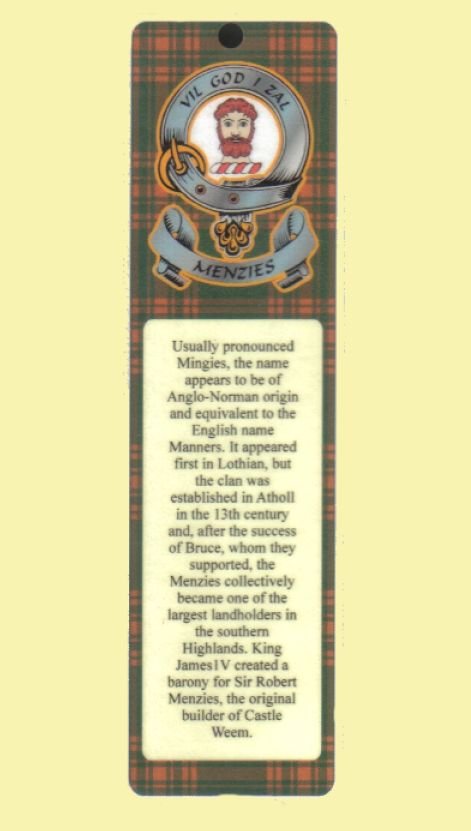 Image 0 of Menzies Clan Badge Clan Menzies Tartan Laminated Bookmarks Set of 2