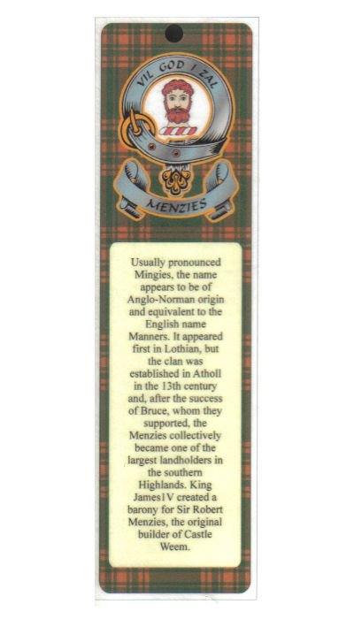 Image 1 of Menzies Clan Badge Clan Menzies Tartan Laminated Bookmarks Set of 2