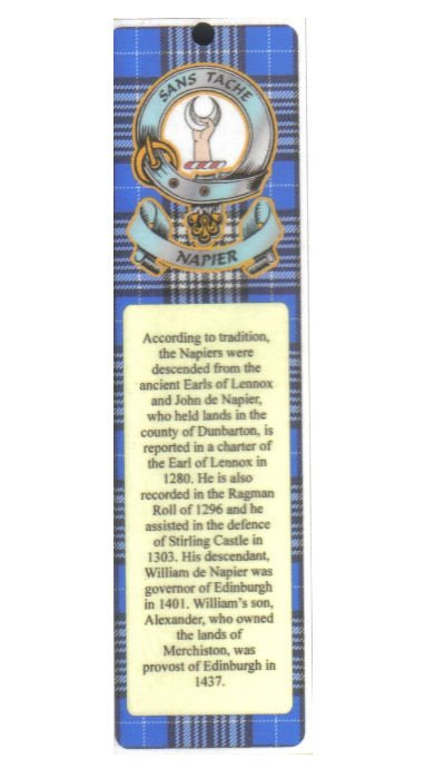 Image 1 of Napier Clan Badge Clan Napier Tartan Laminated Bookmark