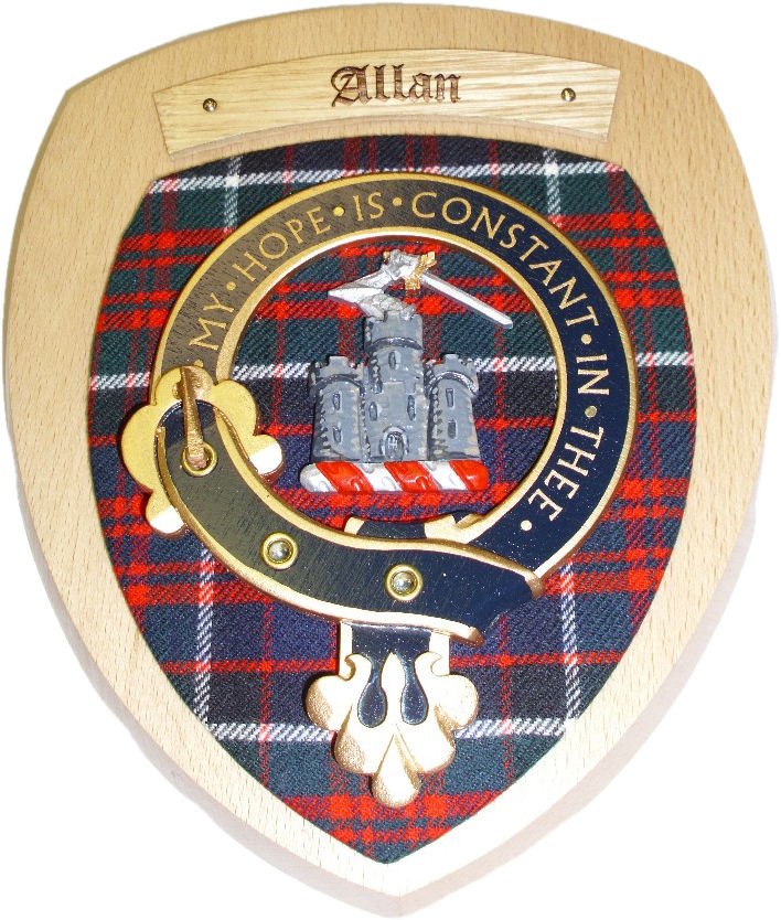 Image 1 of Allan Clan Crest Tartan 7 x 8 Woodcarver Wooden Wall Plaque 