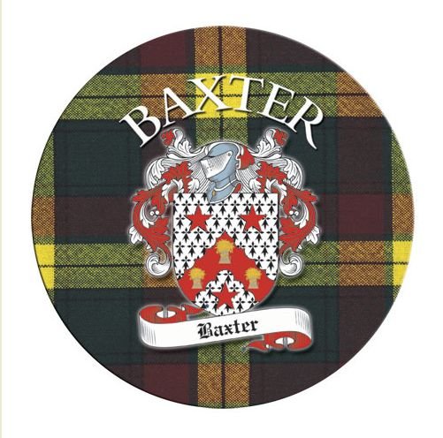 Image 1 of Baxter Coat of Arms Tartan Cork Round Scottish Name Coasters Set of 2