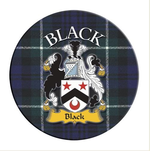 Image 1 of Black Coat of Arms Tartan Cork Round Scottish Name Coasters Set of 2 