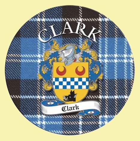 Image 0 of Clark Coat of Arms Tartan Cork Round Scottish Name Coasters Set of 2 