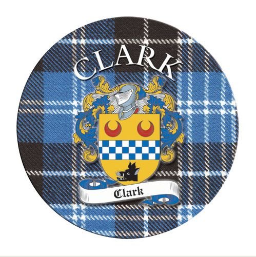 Image 1 of Clark Coat of Arms Tartan Cork Round Scottish Name Coasters Set of 2 