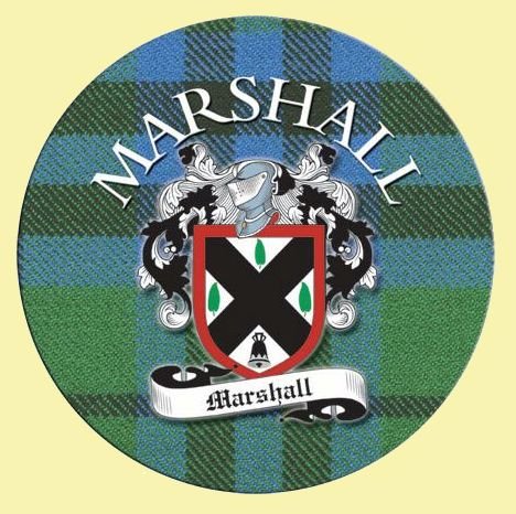 Image 0 of Marshall Coat of Arms Tartan Cork Round Scottish Name Coasters Set of 2 