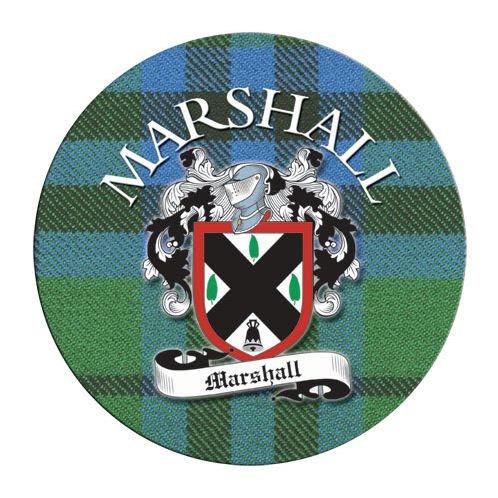 Image 1 of Marshall Coat of Arms Tartan Cork Round Scottish Name Coasters Set of 2 