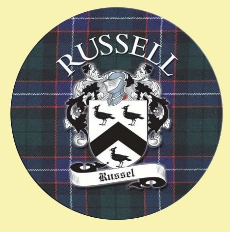 Image 0 of Russell Coat of Arms Tartan Cork Round Scottish Name Coasters Set of 2 