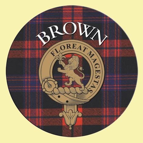 Image 0 of Brown Clan Crest Tartan Cork Round Clan Badge Coasters Set of 2 