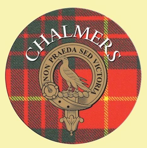 Image 0 of Chalmers Clan Crest Tartan Cork Round Clan Badge Coasters Set of 2  