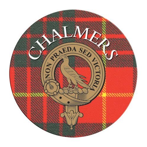 Image 1 of Chalmers Clan Crest Tartan Cork Round Clan Badge Coasters Set of 2  