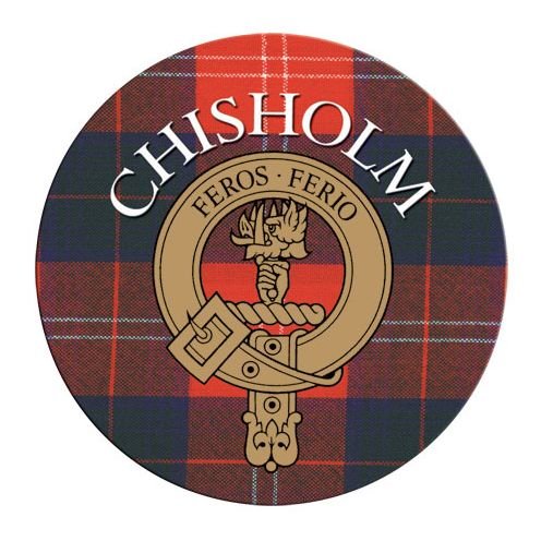 Image 1 of Chisholm Clan Crest Tartan Cork Round Clan Badge Coasters Set of 2  