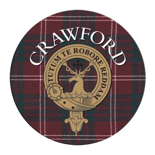 Image 1 of Crawford Clan Crest Tartan Cork Round Clan Badge Coasters Set of 2 