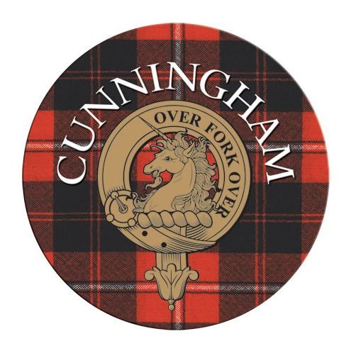 Image 1 of Cunningham Clan Crest Tartan Cork Round Clan Badge Coasters Set of 2 