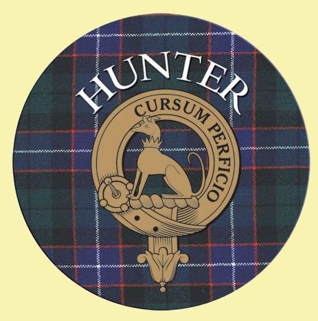 Image 0 of Hunter Clan Crest Tartan Cork Round Clan Badge Coasters Set of 2  