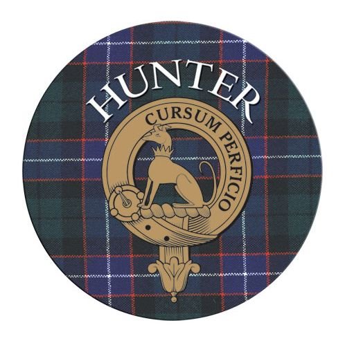 Image 1 of Hunter Clan Crest Tartan Cork Round Clan Badge Coasters Set of 2  