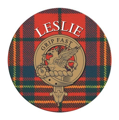 Image 1 of Leslie Clan Crest Tartan Cork Round Clan Badge Coasters Set of 10