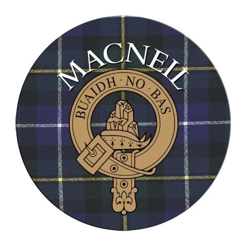 Image 1 of MacNeil Clan Crest Tartan Cork Round Clan Badge Coasters Set of 2 