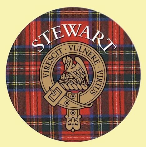 Image 0 of Stewart Clan Crest Tartan Cork Round Clan Badge Coasters Set of 2 