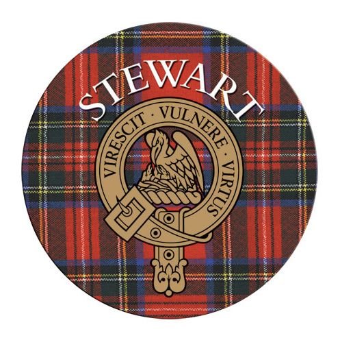 Image 1 of Stewart Clan Crest Tartan Cork Round Clan Badge Coasters Set of 2 
