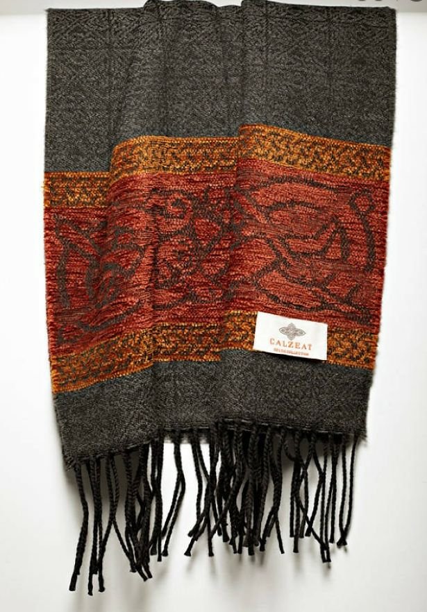 Image 1 of Celtic Dogs Charcoal Chenille Wool Fringed Jacquard Scarf