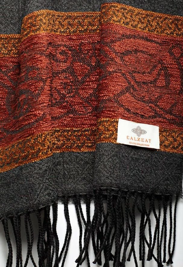 Image 7 of Celtic Dogs Charcoal Chenille Wool Fringed Jacquard Scarf