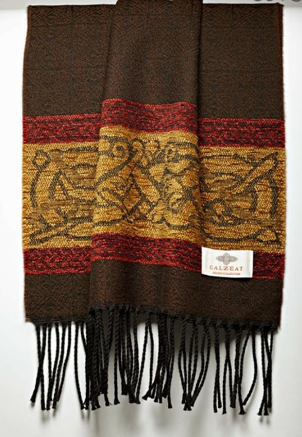 Image 1 of Celtic Dogs Peat Chenille Wool Fringed Jacquard Scarf