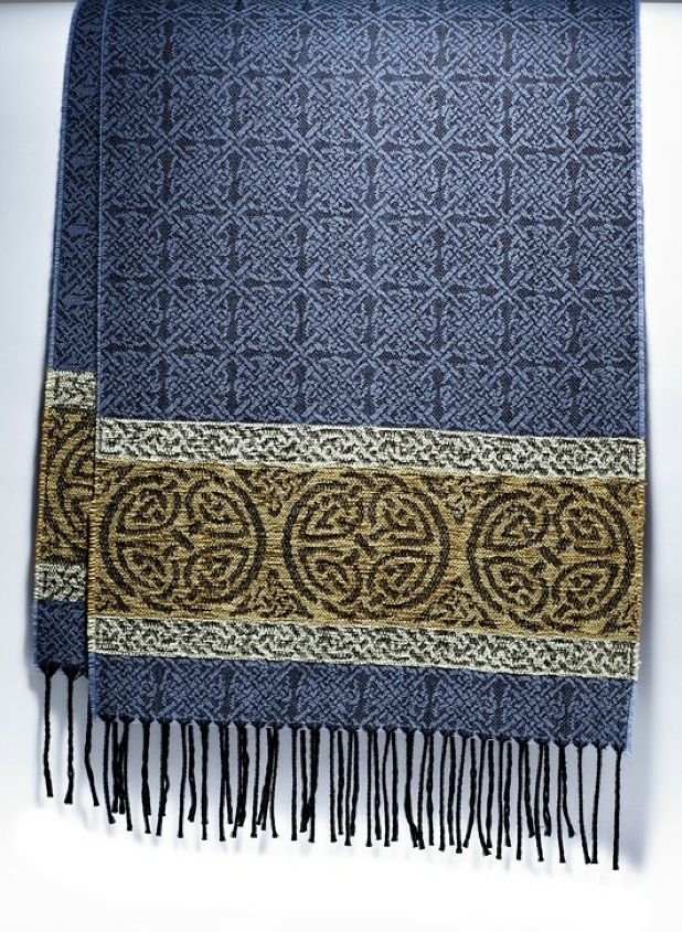 Image 1 of Celtic Border Nordic Blue Chenille Wool Fringed Jacquard Scarf