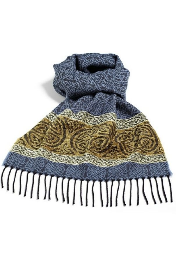 Image 5 of Celtic Border Nordic Blue Chenille Wool Fringed Jacquard Scarf