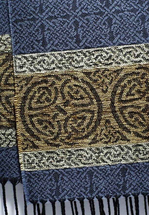 Image 7 of Celtic Border Nordic Blue Chenille Wool Fringed Jacquard Scarf