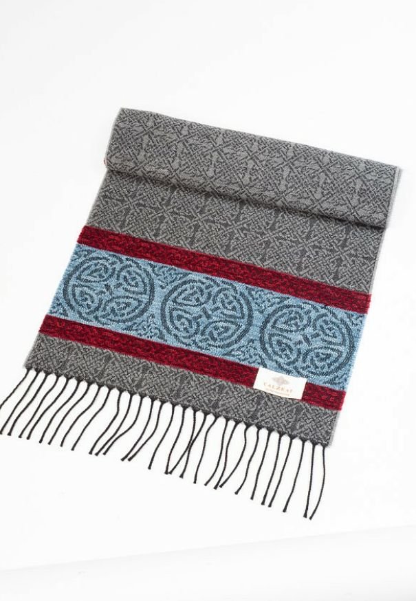 Image 1 of Celtic Border Nordic Grey Chenille Wool Fringed Jacquard Scarf