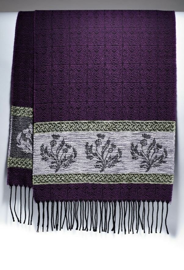 Image 1 of Celtic Thistle Purple Chenille Wool Fringed Jacquard Scarf