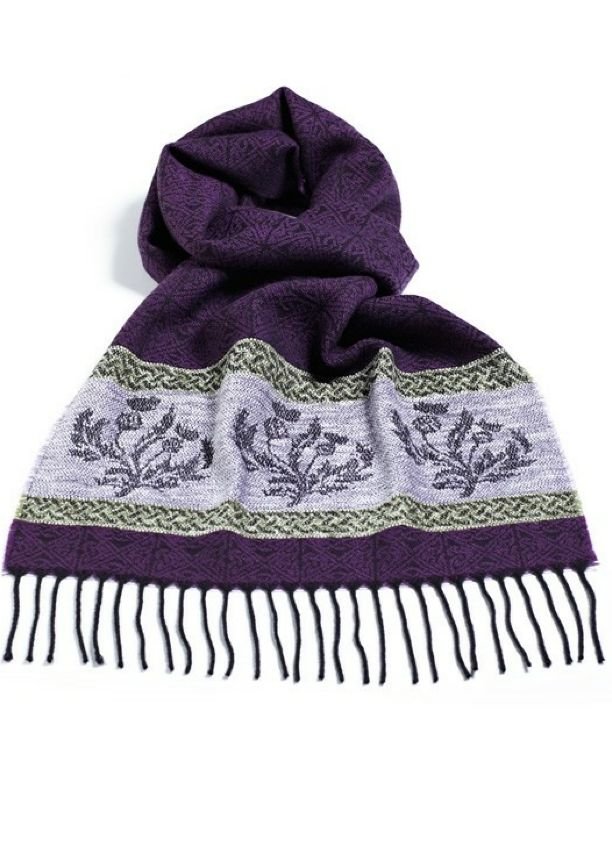Image 5 of Celtic Thistle Purple Chenille Wool Fringed Jacquard Scarf