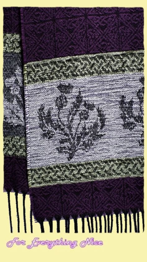Image 6 of Celtic Thistle Purple Chenille Wool Fringed Jacquard Scarf