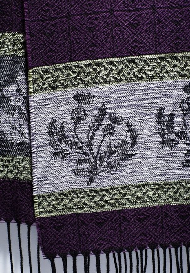 Image 7 of Celtic Thistle Purple Chenille Wool Fringed Jacquard Scarf