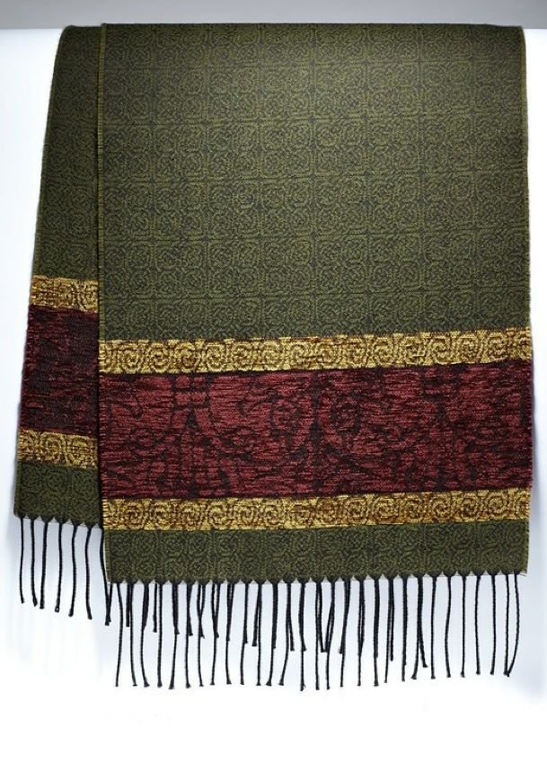 Image 1 of Celtic Birds Olive Chenille Wool Fringed Jacquard Scarf