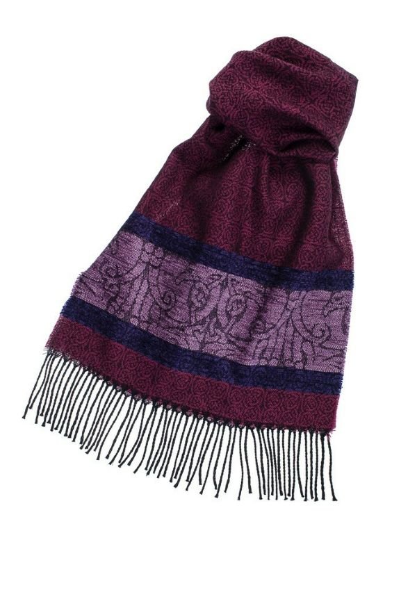 Image 3 of Celtic Birds Berry Chenille Wool Fringed Jacquard Scarf