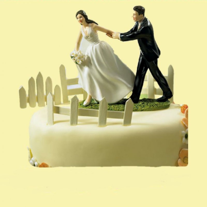 Image 0 of A Race to the Altar Couple Hand Painted Porcelain Wedding Cake Topper