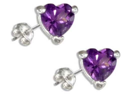 Image 1 of Amethyst Purple Heart Stud Sterling Silver Earrings