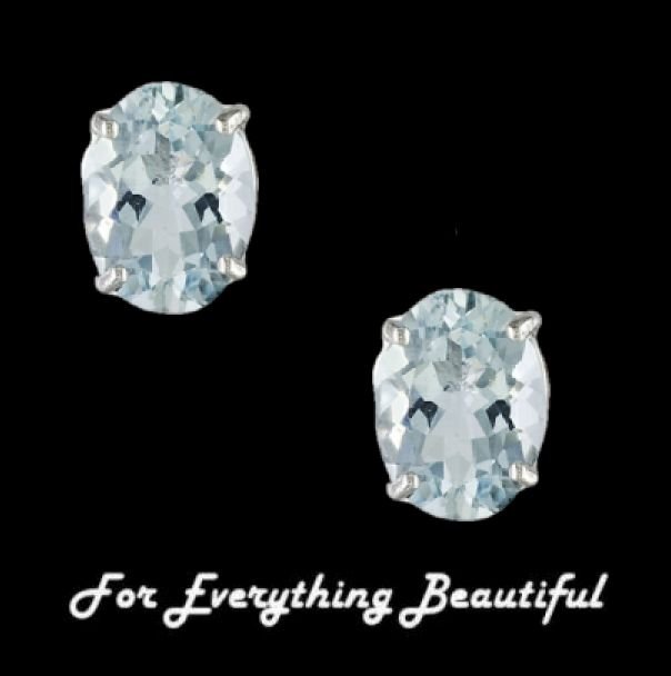 Image 0 of Aquamarine Pale Blue Oval Stud Sterling Silver Earrings