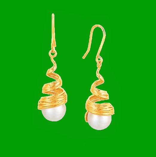 Image 0 of 14K Yellow Gold Cultured White Pearl Filament Spiral Hook Earrings 