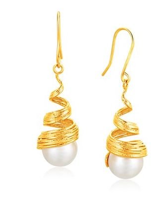Image 1 of 14K Yellow Gold Cultured White Pearl Filament Spiral Hook Earrings 