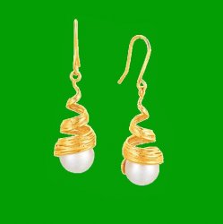 14K Yellow Gold Cultured White Pearl Filament Spiral Hook Earrings 