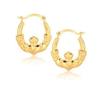 Image 1 of 10K Yellow Gold Claddagh Motif Round Small Hoop Earrings 