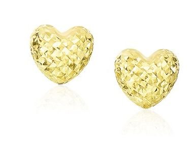 Image 1 of 14K Yellow Gold Diamond Cut Puff Heart Small Stud Earrings 
